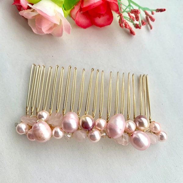 Freshwater pearl hair comb, pearl hair accessory, rose quartz hair comb.