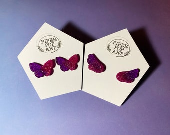 Orecchini viola e rosa olografica Resin Stud - Farfalle, ali
