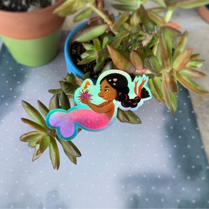Sirenita Holographic Sticker - Little Brown Mermaid | Cute Mermaid Sticker | Ocean Colors