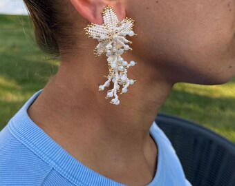 White Crystals Gold Earrings Orchid Flower Clip Ons Embroidered Cascade Earrings Bouquet Earrings Asymmetrical Beaded 90s Style Earrings