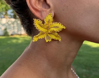 Yellow Beaded Flower Earrings Boho Floral Earrings Bold Statement Post Earrings For Festival Oversized Flower Earrings Artisanal Boho Spirit