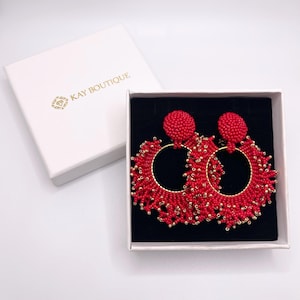 Round Fringe Beaded Red Clip On Earrings Circle Tassel Drop Earrings Christmas Beads Earrings For Festive Party Bright Red Large Earrings