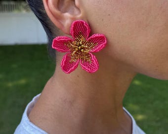 Pink Beaded Flower Earrings Bold Spring Floral Clip On For Festival Pink Blossom Large Earrings For Party Tropical Summer Earrings Gift Mom