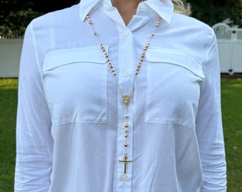 Tri-Color Stainless Steel Rosary Lariat Necklace Catholic Rosary Necklace Gold Cross Drop Rosary Bead Necklace Catholic Jewelry Gift Unisex