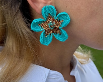 Turquoise Beaded Flower Clip On Earrings Bold Statement Floral Earrings Large Unique Earrings For Beach Wedding Mexican Earrings For Party