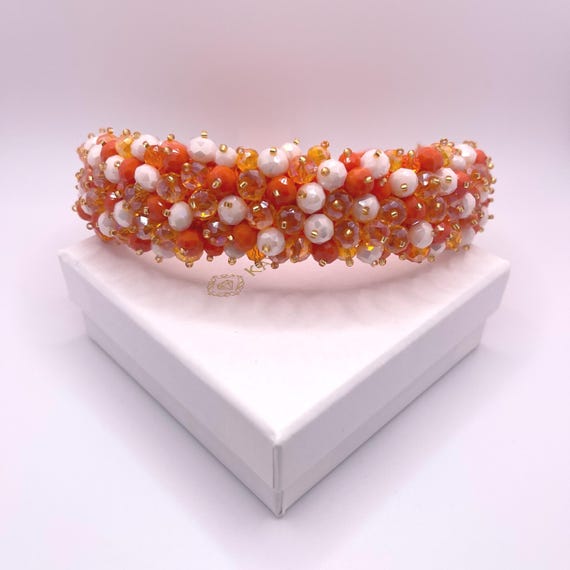 Bright Orange and White Jeweled Headband Tangerine  display picture 2