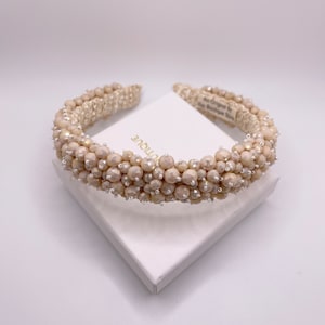 Beige Crystal Thin Headband Neutral Jeweled Head Piece Embroidered Beaded Baroque Headband With Crystals For Wedding Embellished Tiara Gift