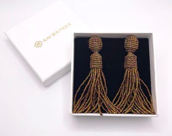 Brown Bronze Copper Oscar De La Renta Style Stud Earrings, Metallic Embroidered Tassel Earrings, Elegant Drop Beaded Fringe Earrings Gift