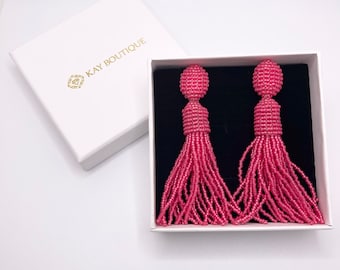 Pink Oscar de la Renta Style Tassel Clip On Drop Earrings Magenta Fringe Beaded Long Elegant Statement Earrings For Special Occasion ClipOn