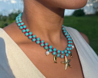 Turquoise and Red Murano Crystal Nautical Beaded Necklace Coastal Boho Gold Sea Charms Necklace Double Layer Strand Marine Necklace Beachy
