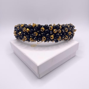 Black and Gold Crystal Jeweled Headband Tiara Embellished Headpiece Vintage Style Hair Accessories Hairband With Beads Baroque Headband Gift
