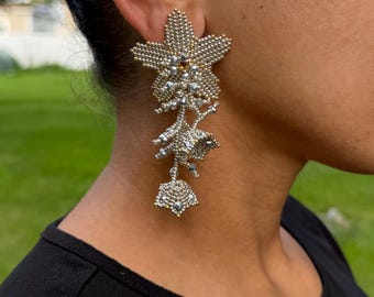 Silver Gold Poinsettia Post Earrings Beaded Flower Tassel Earrings Fringe Drop Earrings Glam Cascade Post Earrings Asymmetrical Earrings
