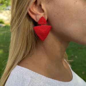 Red Pyramid Embroidered Stud Drop Earrings Red Triangular Statement Beaded Earrings For Birthday Gift Under 40 Mayan Vibrant Red Earrings