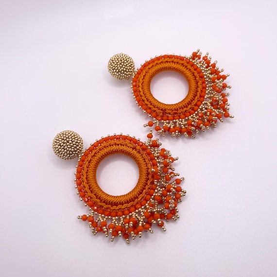 Orange Round Tassel Clip on Earrings Crochet Hoop Earrings Burnt