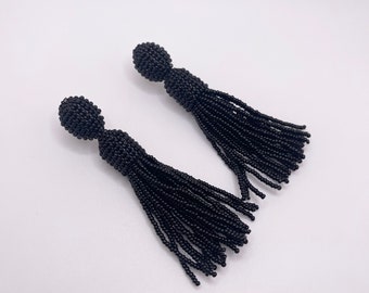 Oscar De La Renta Style Black Classic Tassel Stud Earrings Black Seed Beads Beaded Fringe Elegant Long Statement Earrings Gift For Women