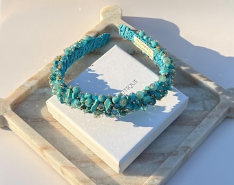 Turquoise Crystal Beads Thin Headband Jeweled Embroidered Headpiece Tiara Sparkly Bead Decor Headband Aqua Blue Preppy Embellished Hair Band