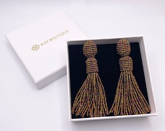 Brown Bronze Copper Oscar De La Renta Style Clip On Earrings, Metallic Embroidered Tassel Earrings, Elegant Drop Beaded Fringe Earrings Gift
