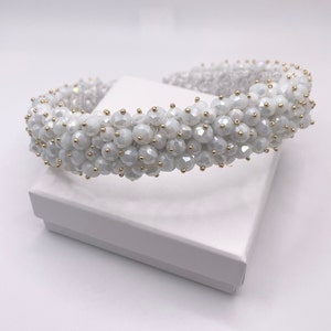 White Crystal Gold Jeweled Embroidered Headband For Bride, White Wedding Headpiece Decor Elegant Bridal Hair Accessories With Crystal Beads
