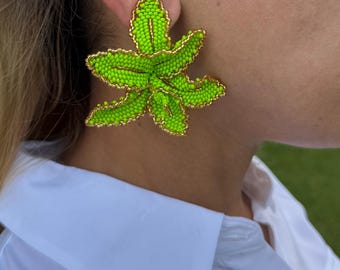 Green Floral Clip On Earrings Vibrant Green Beaded Flower Earrings Boho Tropical Earrings Large Bold Statement Bright Earrings For Festival