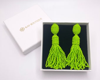 Bright Green Oscar De La Renta Style Stud Earrings Lime Green Beaded Tassel Earrings For Spring Tropical Elegant Fringe Drop Earrings Gift
