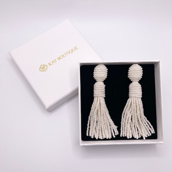 Boucles d'oreilles en perles de rocaille perlées blanc cassé style Oscar De La Renta, boucles d'oreilles en perles blanches faites main pour la mariée, cadeau élégant