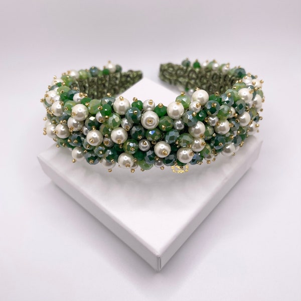 Bandeau surdimensionné en perles de cristal vert émeraude, bandeau embelli de diadème vintage Green Statement Bridal Beaded Full Hairband