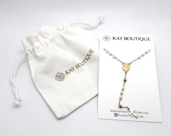Imitated Pearl Gold Rosary Necklace Dainty Gold Cross Drop Rosary Lariat Necklace Faith Catholic Jewelry Gift Our Lady Of Guadalupe Rosary