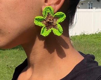 Vibrant Green Floral Statement Earrings For Festival Beaded Daisy Earrings with Bronze Center Flower Coquette Earrings Lime Green Bold Post