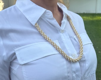 Beaded Pearl Long Necklace Gold Chain Pearl Necklace Gold Filled Mid Length Woven Necklace Bold Classic Necklace Twisted Statement Necklace