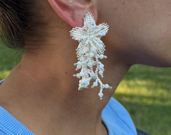 White Silver Cascade Post Earrings Bouquet Flower Earrings 90s Style Earrings Asymmetrical Beaded Bridal Earrings Whimsical Floral Earrings