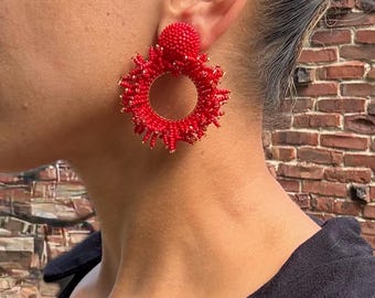 Round Fringe Beaded Red Clip On Earrings Circle Tassel Drop Earrings Tomato Red Lightweight Earring For Party Bright Red Boho Earrings Bold