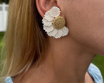 Half Circle Clip On Earrings Ethereal Bride Earrings Handwoven Half Flower Earrings Half Moon Circular Earrings White Cottagecore Clip On