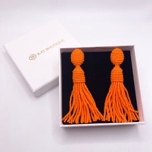 Orange Oscar De La Renta Style Clip On Tassel Earrings Bright Long Beaded Fringe Earrings Tangerine Seed Beads Clipon Earrings For Beach