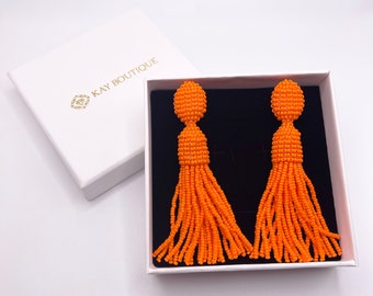 Orange Oscar De La Renta Style Clip On Tassel Earrings Bright Long Beaded Fringe Earrings Tangerine Seed Beads Clipon Earrings For Beach