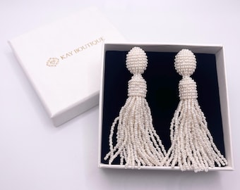 Off White Seed Beads Oscar De La Renta Style Tassel Clip On Earrings Ivory Statement Beaded Fringe Long Earrings for Formal Wedding
