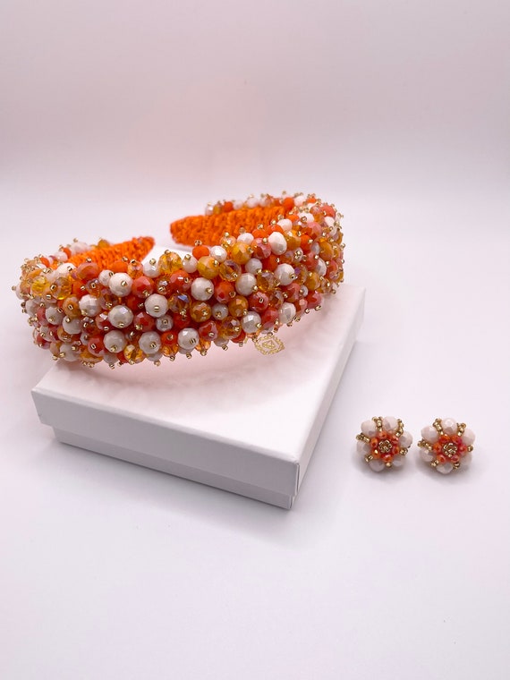 Beaded Orange Headband New Orange Crystal Headband: Jeweled Beaded Hairband - Etsy main image 2
