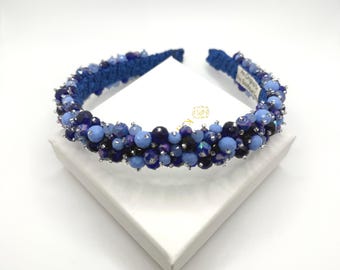 Blue Thin Beaded Jeweled Headband Elegant Embellished Baroque Indigo Blue Crystal Beads Hairband Preppy Sparkle Headpiece For Women Gift