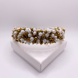 Bronze White Crystal Headband Two Tone Jeweled Head Piece Embroidered Beaded Hair Accessories For Wedding Bridal Hair Hoop Neutral
