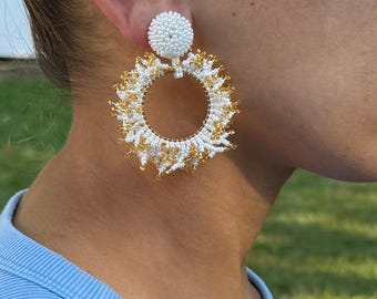 Mini White Gold Earrings Lightweight Clip On Beaded Tassel Earrings Hoop Fringe Earring Gold Beads Drop Earrings For Cocktail Statement Hoop