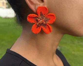 Orange Beaded Flower Earrings Bold Floral Earrings For Festival Orange Blossom Large Earrings For Party Tropical Resortwear Vacation Earring