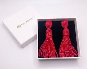 Red Oscar De La Renta Style Stud Drop Earrings Bright Fire Beaded Tassel Fringe Earrings Elegant Statement Long Linear Earrings Embellished