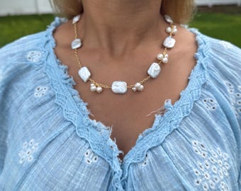 White Freshwater Pearl Necklace Square Baroque Pearl Necklace Gold Pearl Necklace For Mom Wedding Jewelry Handmade Elegant Pearl Necklace