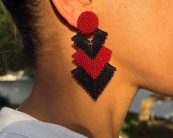 Burgundy Black Aztec Post Earrings Geometric Drop Earrings Bold Egyptian Earrings Beaded Seed Beads Arrow Earrings Modern Triangle Earrings