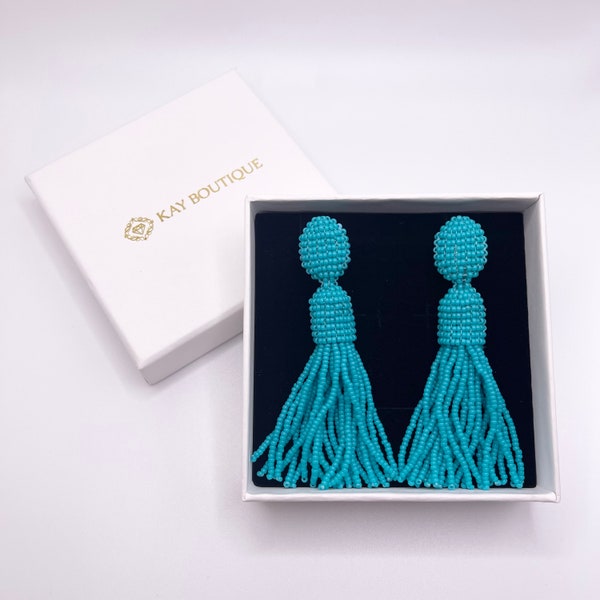 Turquoise Blue Oscar De La Renta Style Stud Beaded Tassel Earrings Bright Embellished Long Linear Fringe Earrings For Summer Wedding Gift