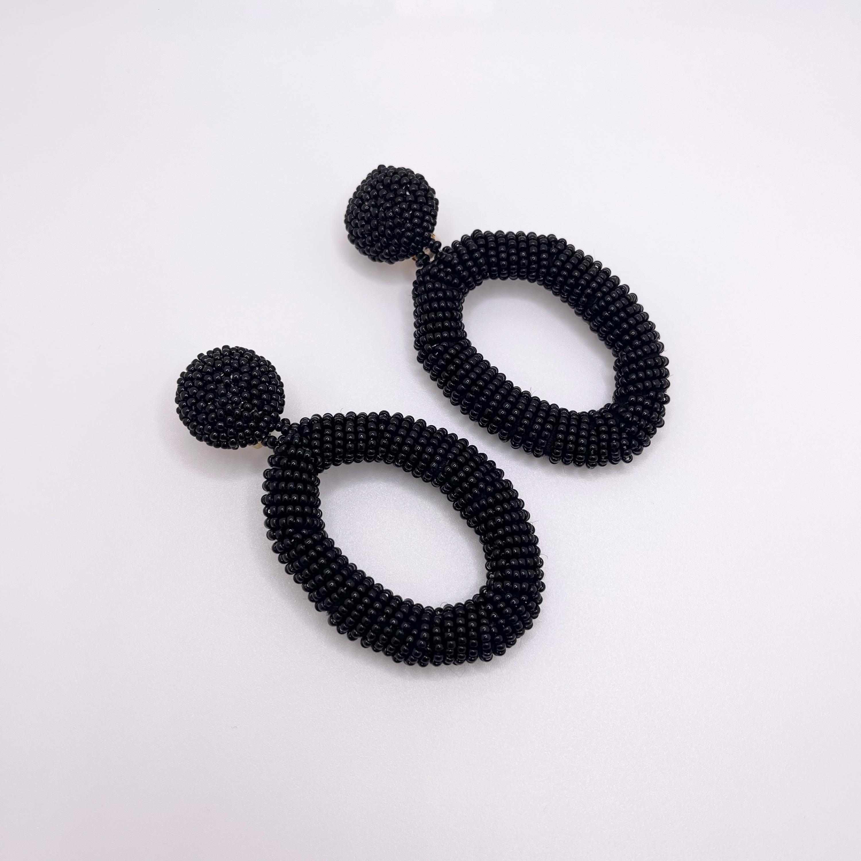 Black Beaded Oval Clip On Dangle Earrings For Cocktail Party Onyx Drop Statement Earrings Black Big Hoop Earrings Chunky Geometric Earrings