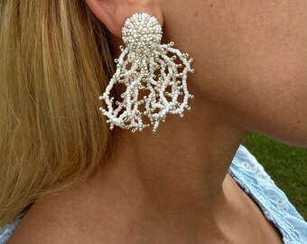 White Silver Coral Branch Clip On Earrings Bold Beaded Frayed Earring Tassel Coastal Seaweed Statement Fringe Earrings For Tropical Vacation