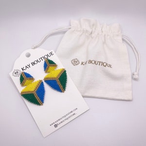 Safari Color Block Drop Stud Earrings, Beaded Statement Triangle Earrings, Pyramid Geometric Embroidered Earring Colorful Brazilian Earrings