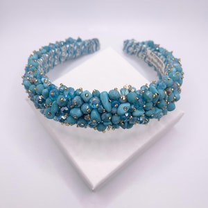 Turquoise Headband With Crystal Beads Jeweled Embroidered Headpiece Baroque Bead Decor Headband Aqua Blue Preppy Embellished Hair Band Gift