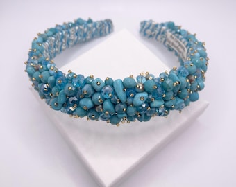 Turquoise Headband With Crystal Beads Jeweled Embroidered Headpiece Baroque Bead Decor Headband Aqua Blue Preppy Embellished Hair Band Gift