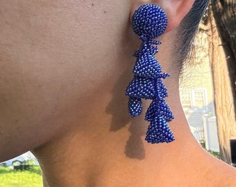 Pendientes largos azules de varios niveles con clip, pendientes de araña con cuentas para fiestas, pendientes elegantes y chic para bailes de graduación, mini pendientes colgantes triangulares, regalo.
